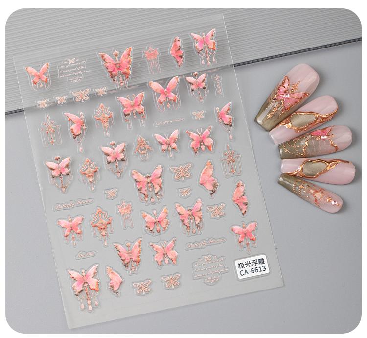 Honey Girl Hot Sell Adhesive Pink Blue Butterfly Nail Art 3D Decal Sticker