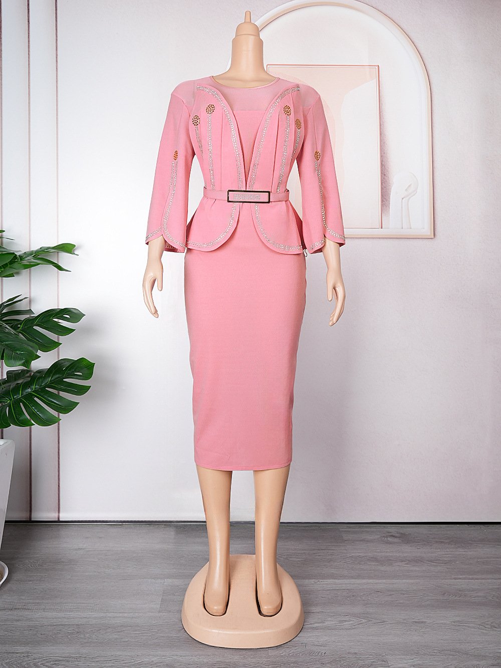2023 African Mandarin Sleeve Dress Women Printed Dress With Belt Mother Plus Size Elegant Pleated Dress