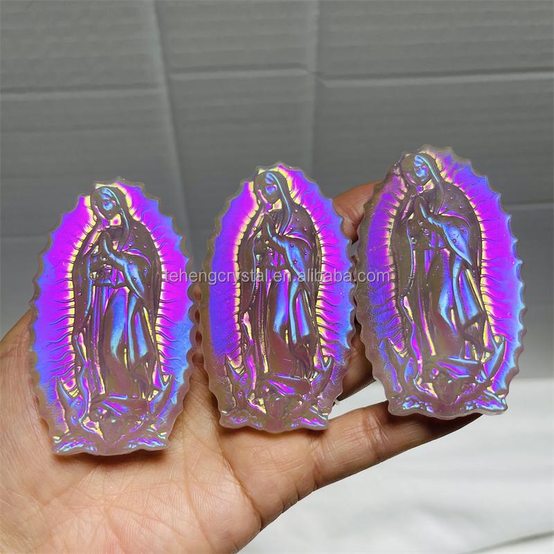Wholesale Halo Pink Crystal Carved Virgin Mary Plated Rose Quartz Carved Santa Maria Gift