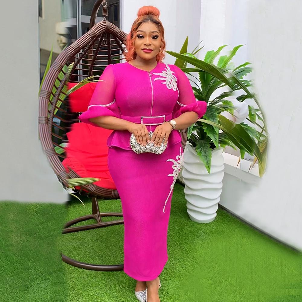 Custom Summer Office Dress Suit Bubble Sleeves H & D African Women Embroidered Slim Fit Suit 2 Piece Set