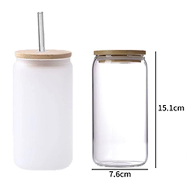 China USA Warehouse 16 Oz Clear Frosted Sublimation Blank Glass Mason Can Beer Can Bamboo Lid Glass Cup