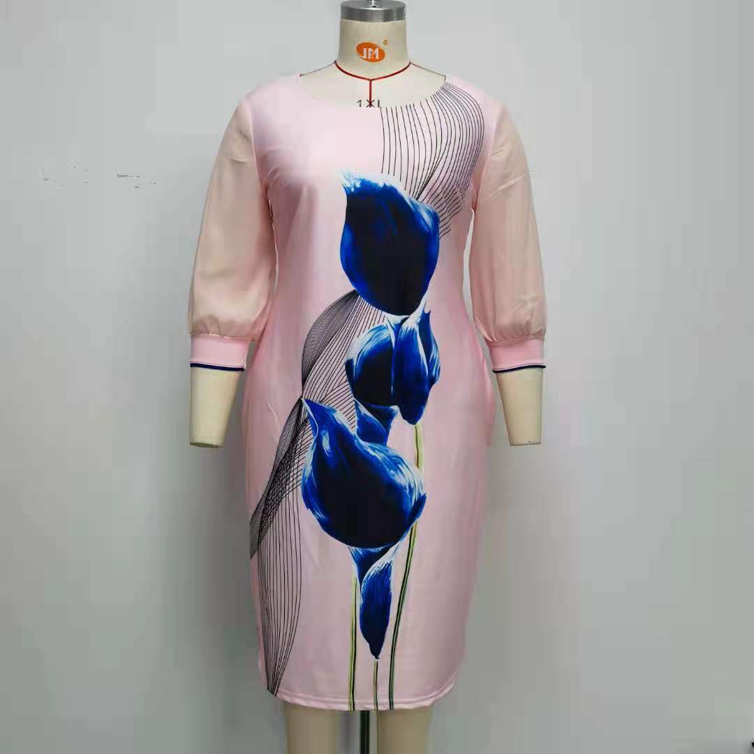 African Women Plus Size Dress O Collar 3/4 Sleeve Printed Office Dress Women's Pencil Midi Dress