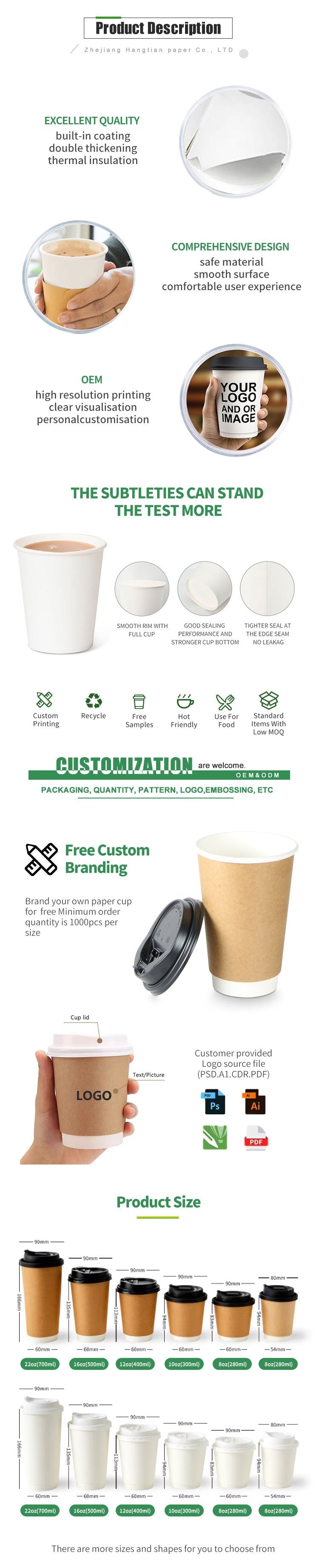 Custom Logo Printing Disposable 8 Oz 10 Oz 14 Oz 16 Oz 22 Oz Double Wall Coffee Paper Cup With Lid