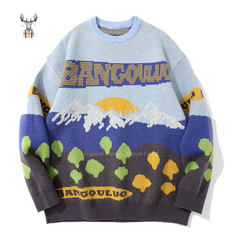 Nanteng Custom Logo Low Minimum Order Quantity Cotton Loose Men's Pullover Knitted Jacquard Pattern Knitted Sweater Round Neck Men's Pullover