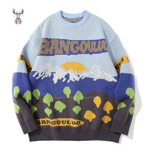 Nanteng Custom Logo Low Minimum Order Quantity Cotton Loose Men's Pullover Knitted Jacquard Pattern Knitted Sweater Round Neck Men's Pullover