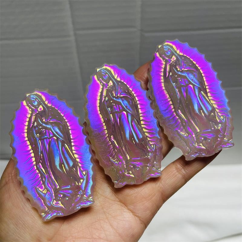 Wholesale Halo Pink Crystal Carved Virgin Mary Plated Rose Quartz Carved Santa Maria Gift