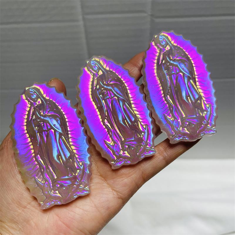 Wholesale Halo Pink Crystal Carved Virgin Mary Plated Rose Quartz Carved Santa Maria Gift