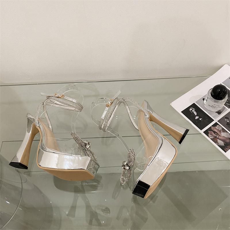 2023 Fashion Runway Rhinestone Ankle Strap High Heels Women's Sandals Crystal Bow Open Toe Platform Thick Party Dance Shoes