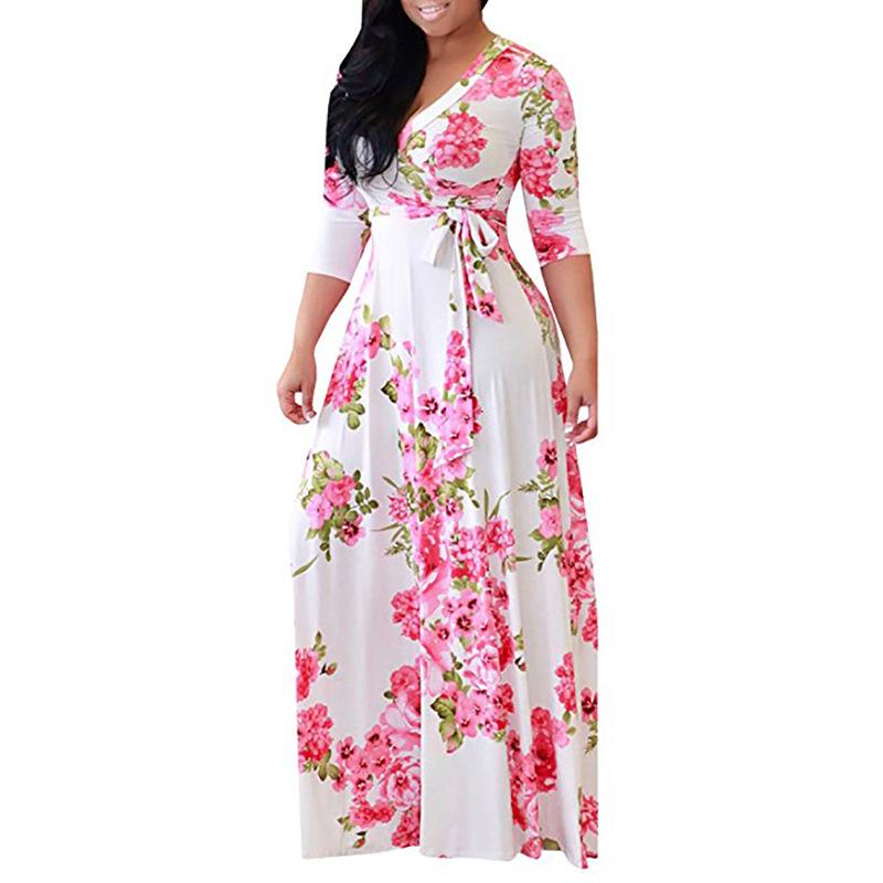 Women's S-5XL Plus Size Printed Long Sleeve Dress Crossover V-Neck Dress Maxi Long Casual Dress