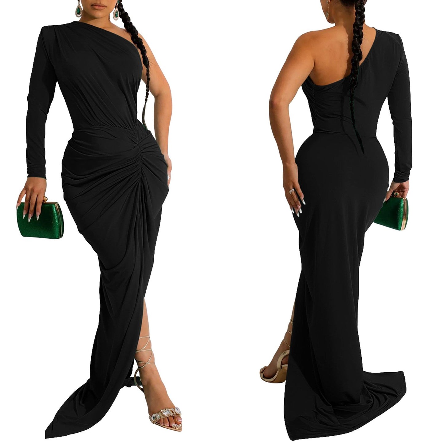 X6042 New Ladies Evening Dress Dress Elegant Solid Color Oblique Collar One Piece Long Sleeve Dress Ladies Party Dress