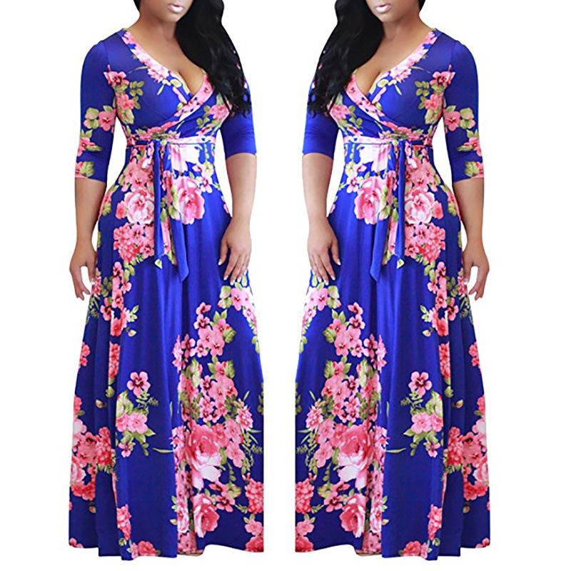 Women's S-5XL Plus Size Printed Long Sleeve Dress Crossover V-Neck Dress Maxi Long Casual Dress