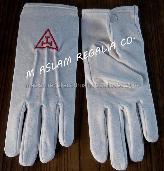 Royal Blue Square & Compasses Machine Embroidered Masonic White Cotton Gloves