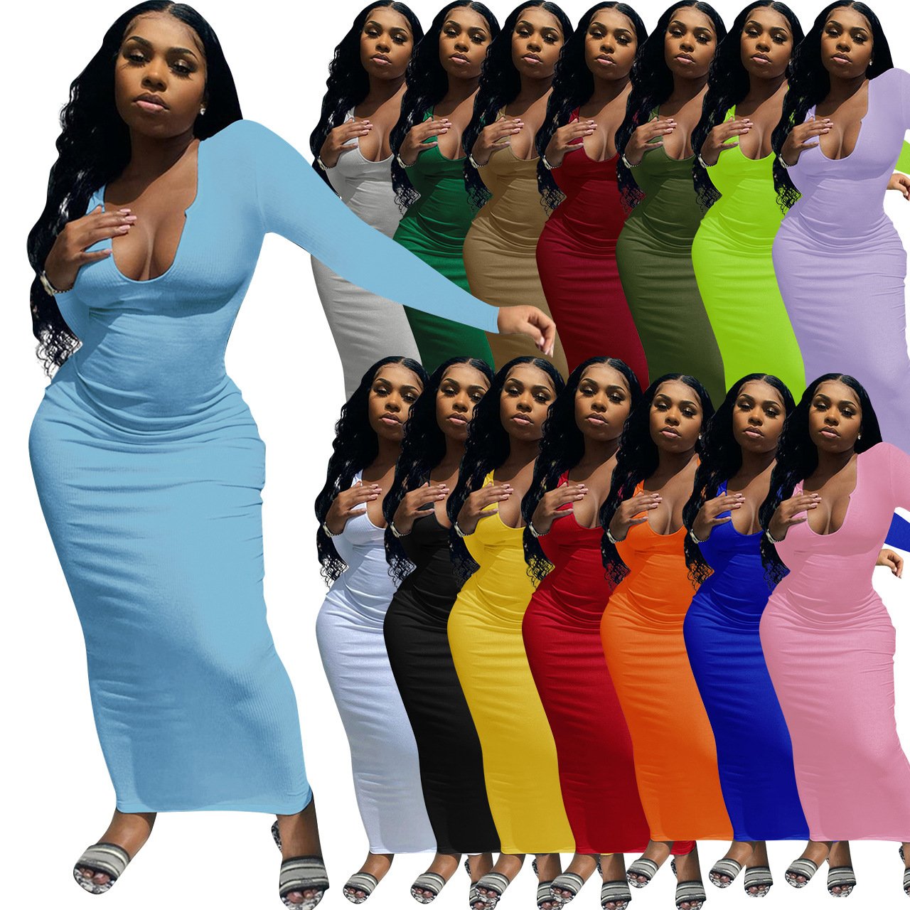 Wholesale Women's Deep V-neck Slim-fit Sexy Long Sleeve Dress Women's Summer Clothes Women's Casual Dress