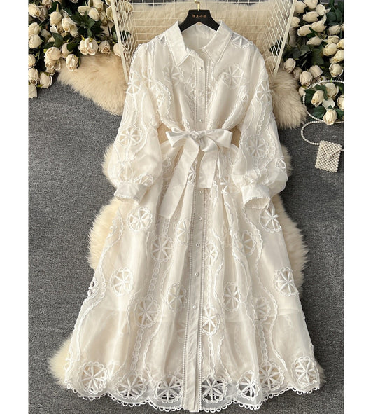 Wholesale 2024 Spring New Embroidered Hollow Flower Single-breasted Slim-fit Medium Bubble Sleeve Women's Clothing