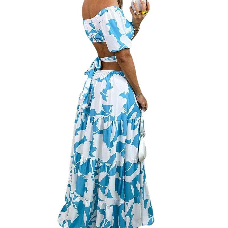 Women's Fashion Print Elegant Slim-fit Print Hollow Lace-up Dress