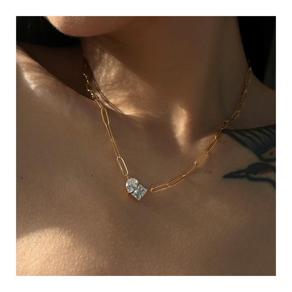 Fashion 18k Gold Plated Triangle Diamond Rectangular Drop Chain Ring Zirconia Pendant Stainless Steel Chain Necklace YF4029
