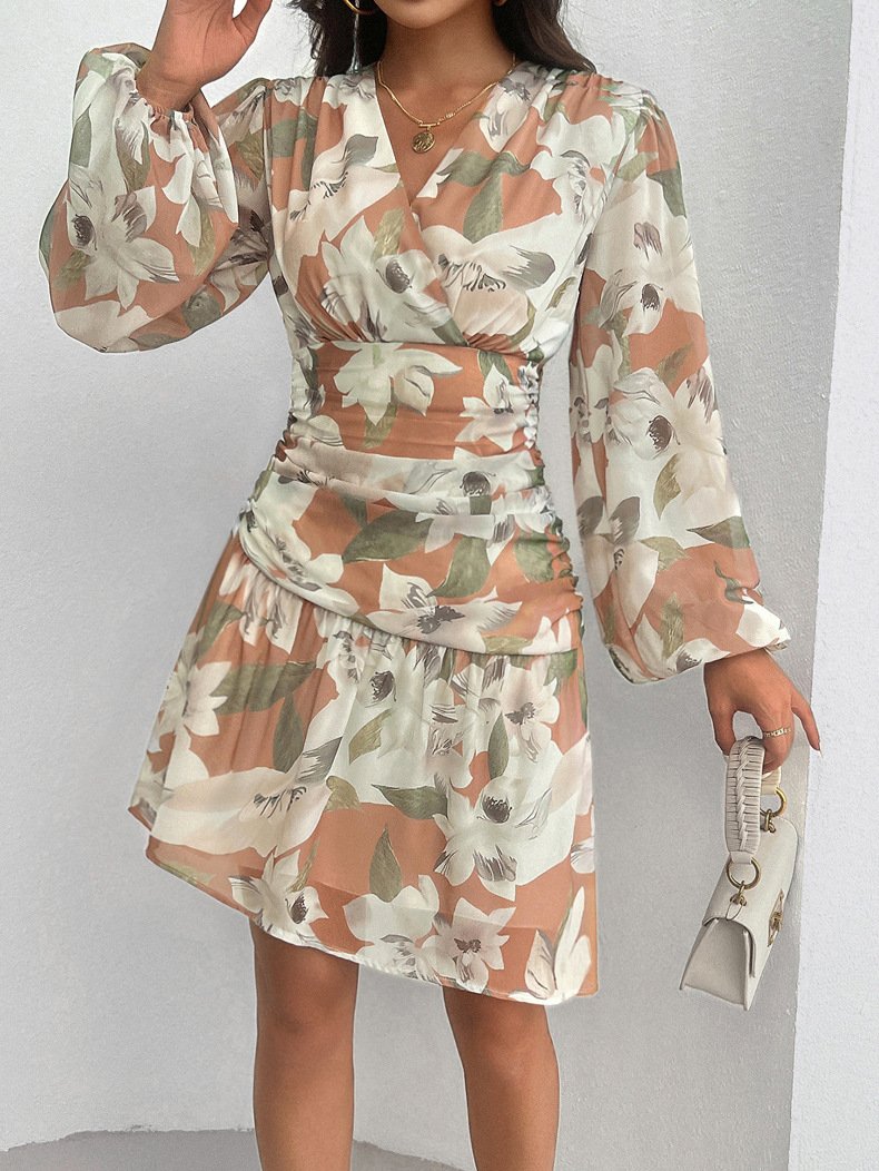 Autumn New Women's Elegant Floral Print Women's V-neck Long Sleeve Dress Daily Wear