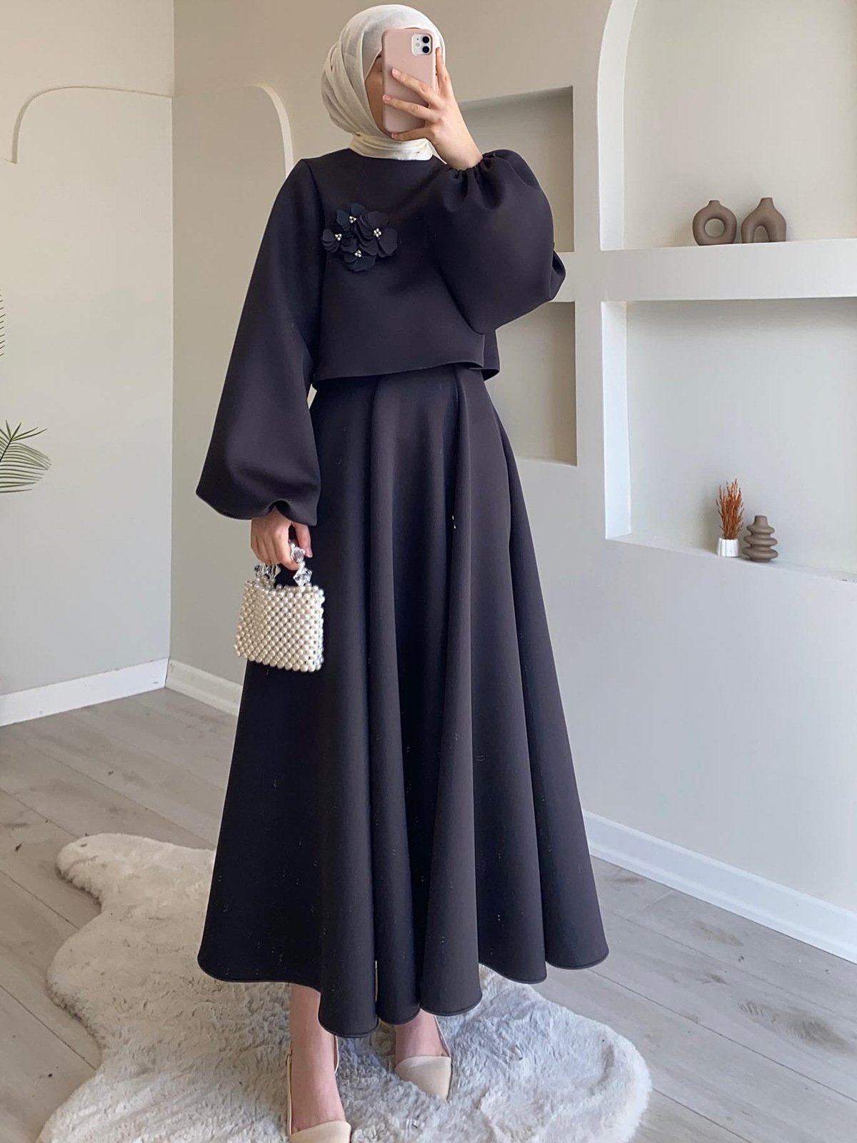 2024 New Casual Dress Muslim Two-Piece 3D Flower Powder Puff Sleeve Top Pleated Skirt Solid Loose Long Skirt Suit