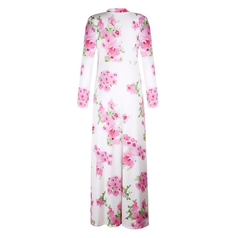 2024 Plus Size Women's Long-sleeved Women's Fat V-neck Printed Lace-up Waist Women's Maxi Skirt Women's Casual Wear