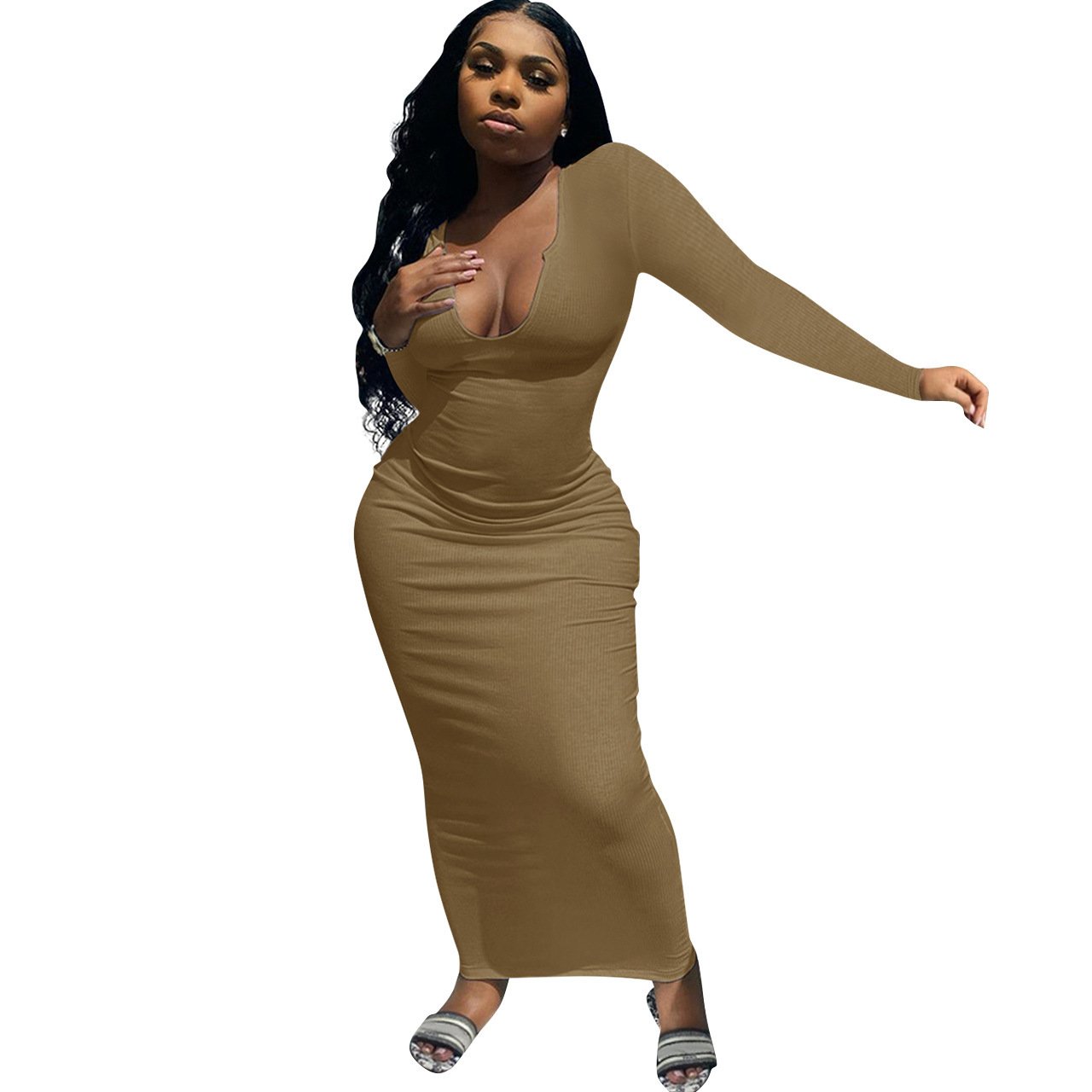 Wholesale Women's Deep V-neck Slim-fit Sexy Long Sleeve Dress Women's Summer Clothes Women's Casual Dress