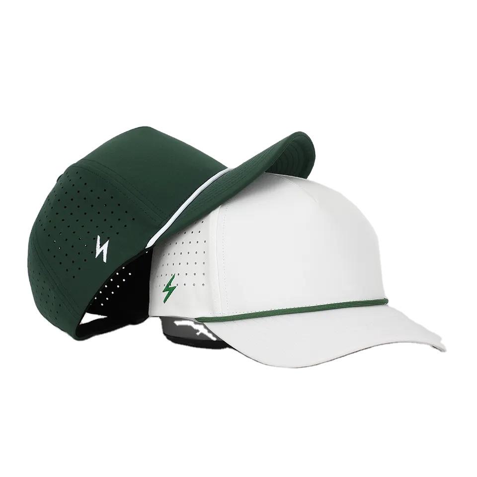 Custom Logo 5 Panel Plain Blank Golf Cap Cut Hole Perforated Classic Quick Dry Polyester Rope Cap