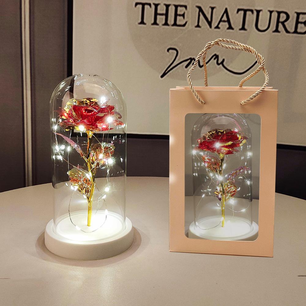 Glass Dome LED Light Mother's Day And Christmas Gift Plastic Preserved Flowers Plant Women Eternal Galaxy Rose Forever Rose