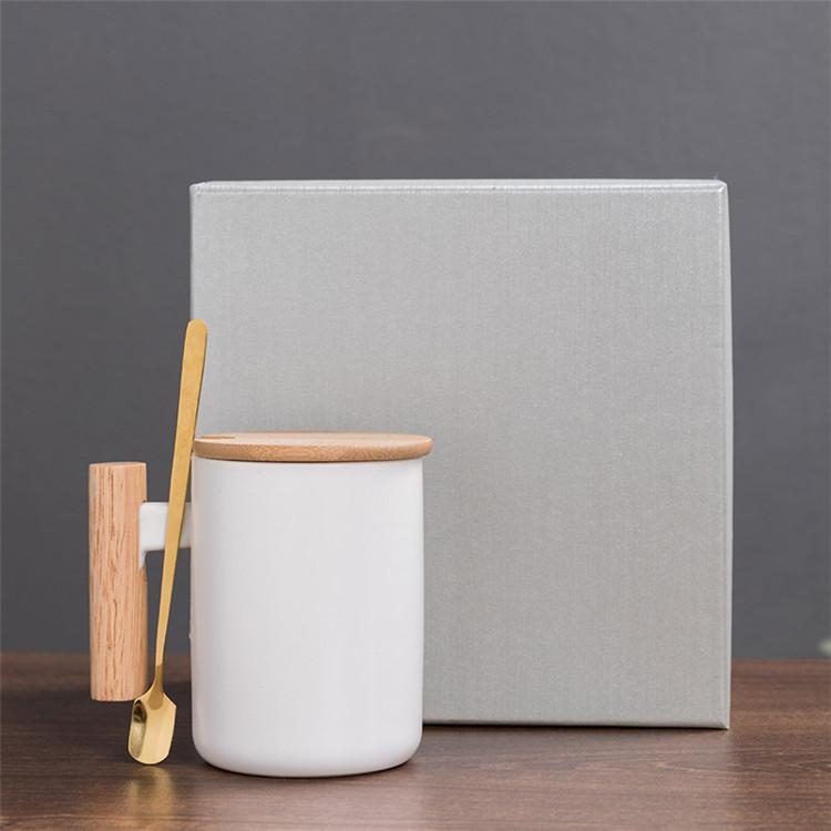 Hot Sale Gift Porcelain Cup, Bamboo Lid Ceramic Cup With Lid And Spoon, Wooden Handle Ceramic Coffee Cup