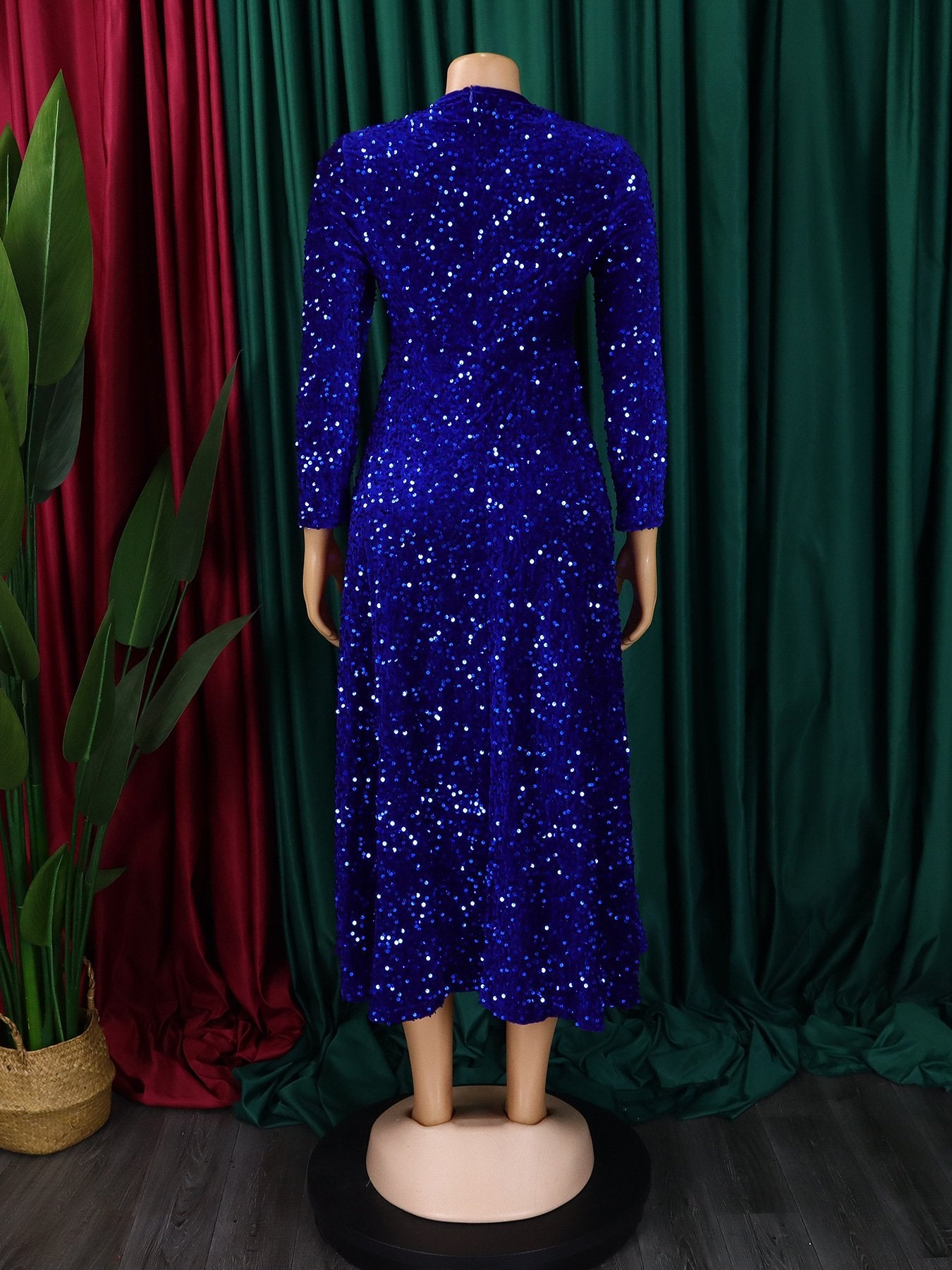 D469 Fashion Party Dress Women O Collar Long Sleeve High Waist A Line Sequin Dress Women Luxury Evening Dress