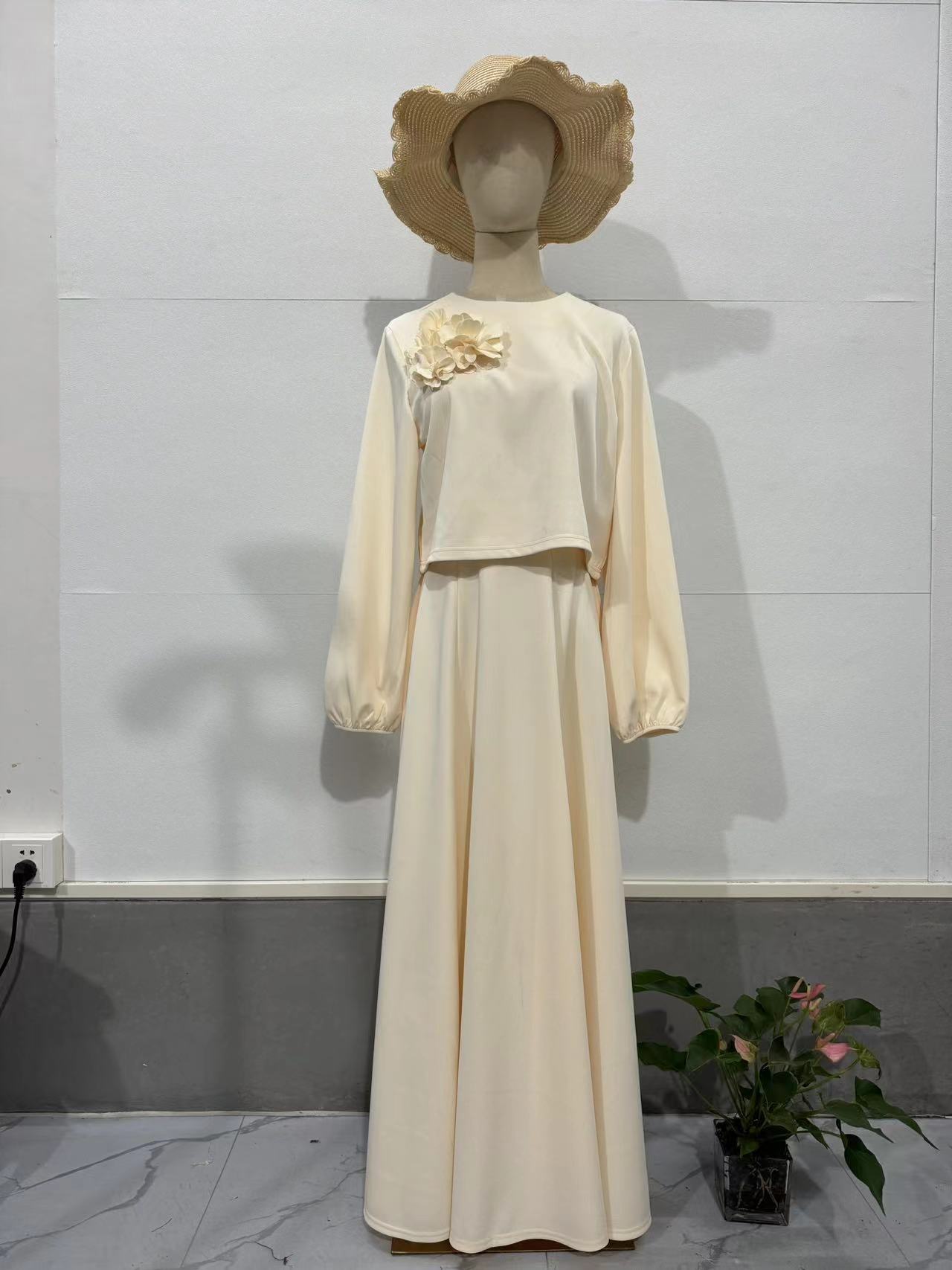 Wholesale Fashion Elegant Moderation Islamic Clothing Two-Piece Muslim Women Casual Shirt Floral Lantern Sleeve Loose Dress Suit