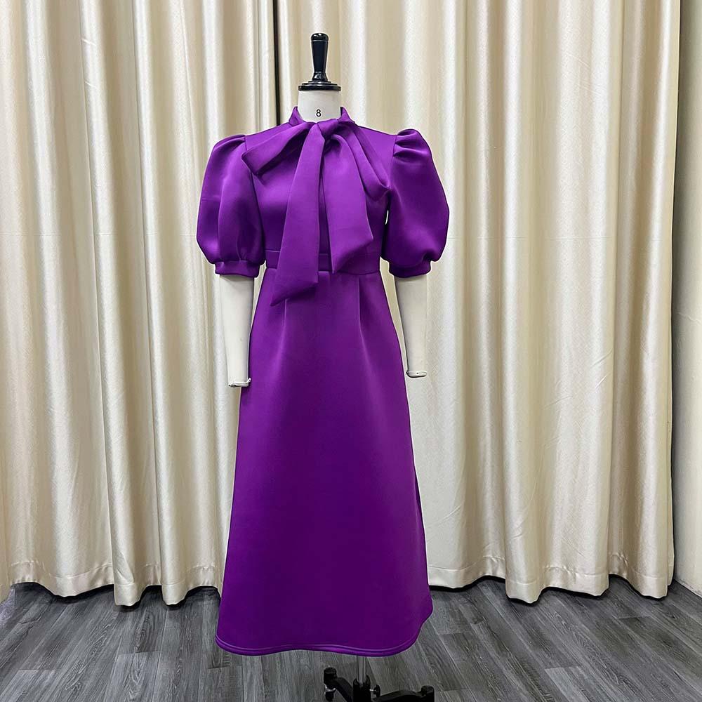 D235 Latest Design Summer Banquet Dress Women Elegant Solid Color Bow Short Sleeve Party Dress Evening Dress