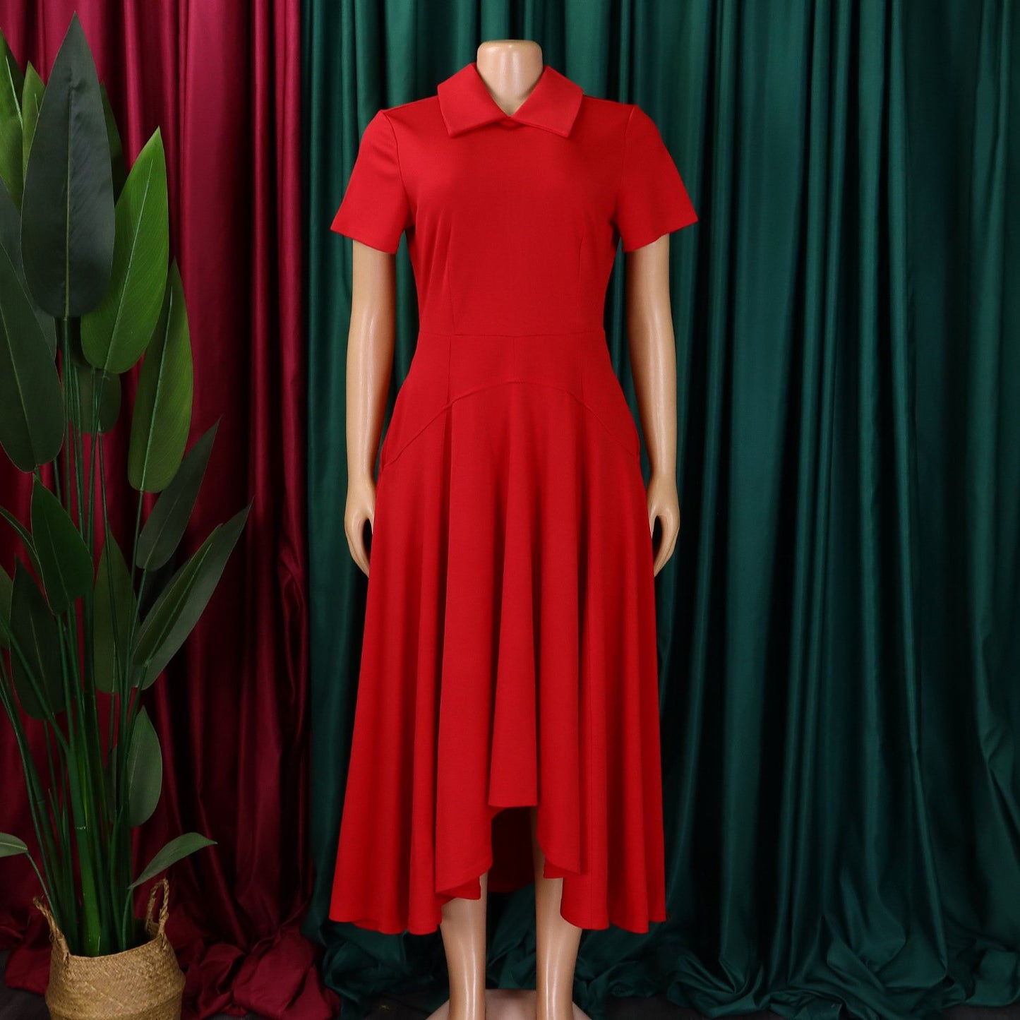 D514 Fashion Summer Party Dress Women Polo Collar Short Sleeve High Waist A- Line Dress Elegant African Women's Dress
