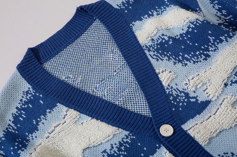 Nanteng Custom Logo Low MOQ 100% Cotton Fashion Casual V-neck Jacquard Pattern Knitted Button Men's Cardigan Sweater