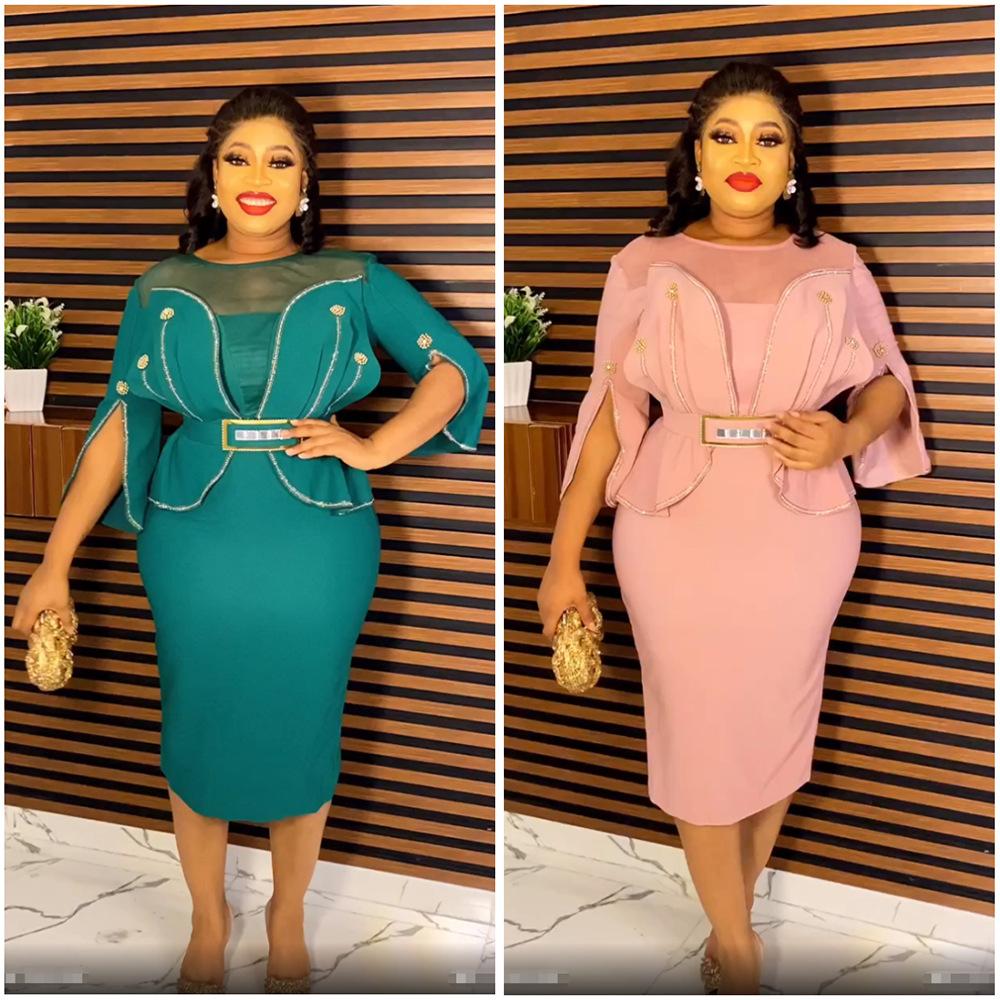 2023 African Mandarin Sleeve Dress Women Printed Dress With Belt Mother Plus Size Elegant Pleated Dress