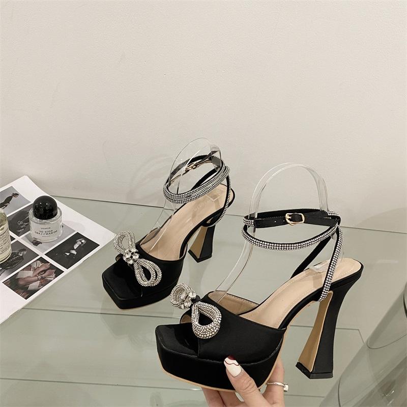 2023 Fashion Runway Rhinestone Ankle Strap High Heels Women's Sandals Crystal Bow Open Toe Platform Thick Party Dance Shoes