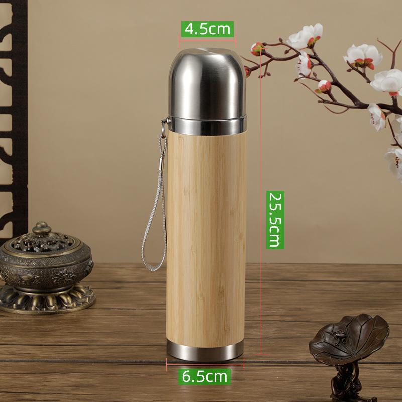 Custom Eco-friendly Double Wall Stainless Steel Bamboo Shell Coffee Cup With Lid And Handle Water Cup