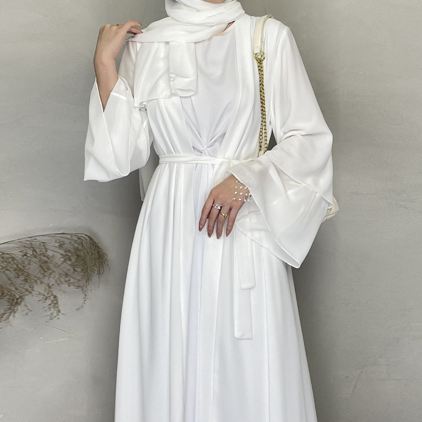 Wholesale Turkish Elegant Eid Women Muslim Dress Two Layer Chiffon Moderate Muslim Dress With Hjiab Kimono Open Dubai Abaya Suit
