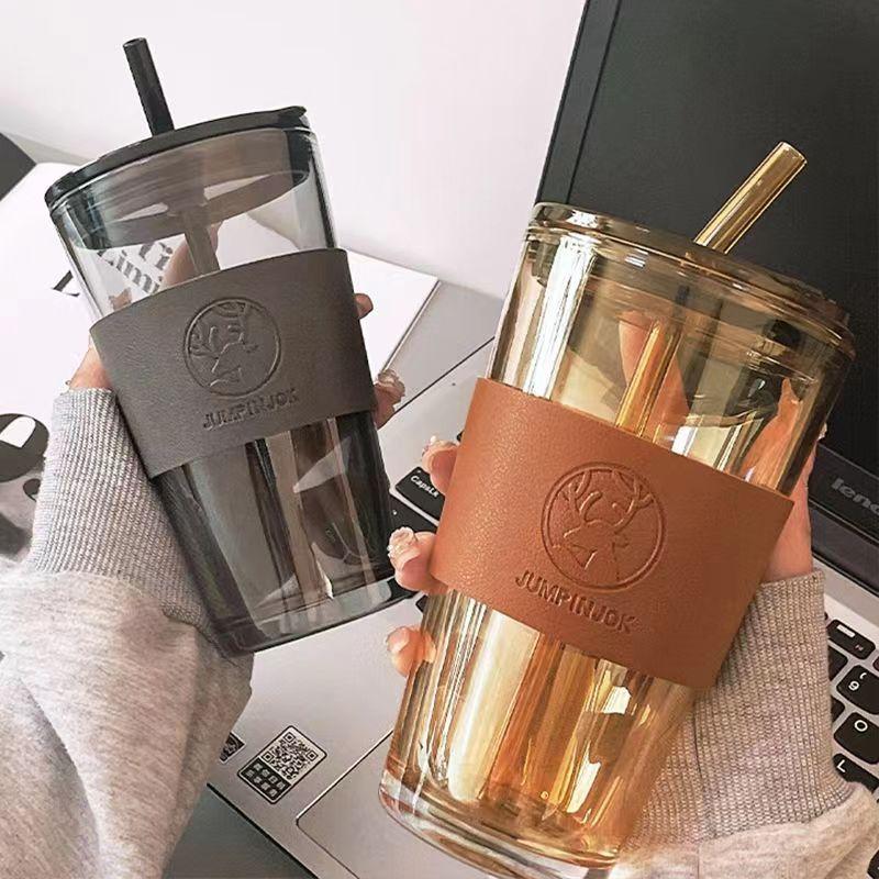 Large Capacity Heat Insulation Glass Double-layer Straw Water/coffee Cup With Plastic Lid High Appearance Summer Ins Net Red
