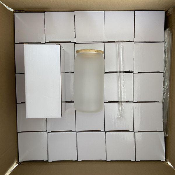 China USA Warehouse 16 Oz Clear Frosted Sublimation Blank Glass Mason Can Beer Can Bamboo Lid Glass Cup