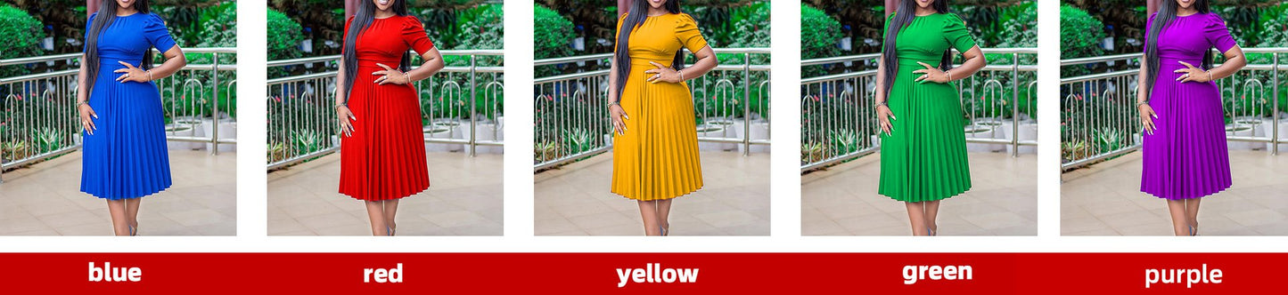 2023 New Plus Size Women's Summer New Short Sleeve Pleated Solid Color Plus Size Dress Women's Elegant
