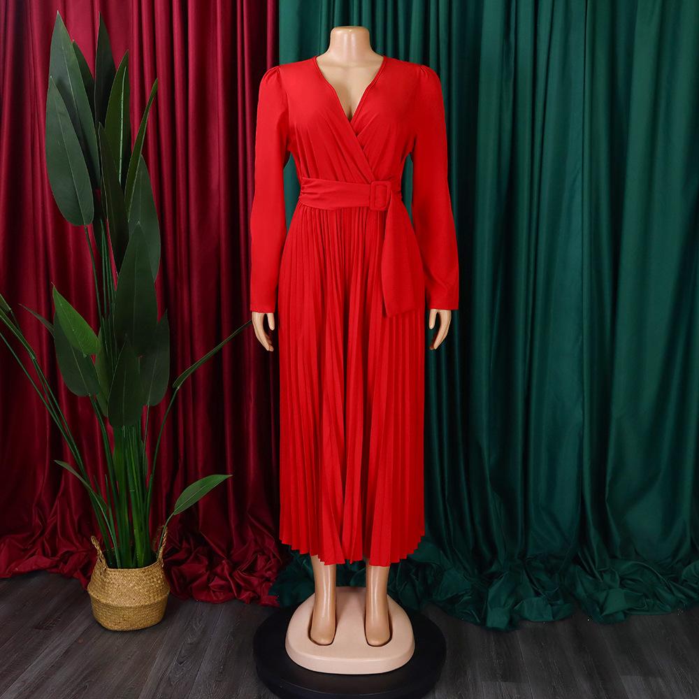 D419 Latest Design Ladies Office Dress Ladies Elegant Solid Color Long Sleeve Lace-up V-Neck Slim Pleated Skirt