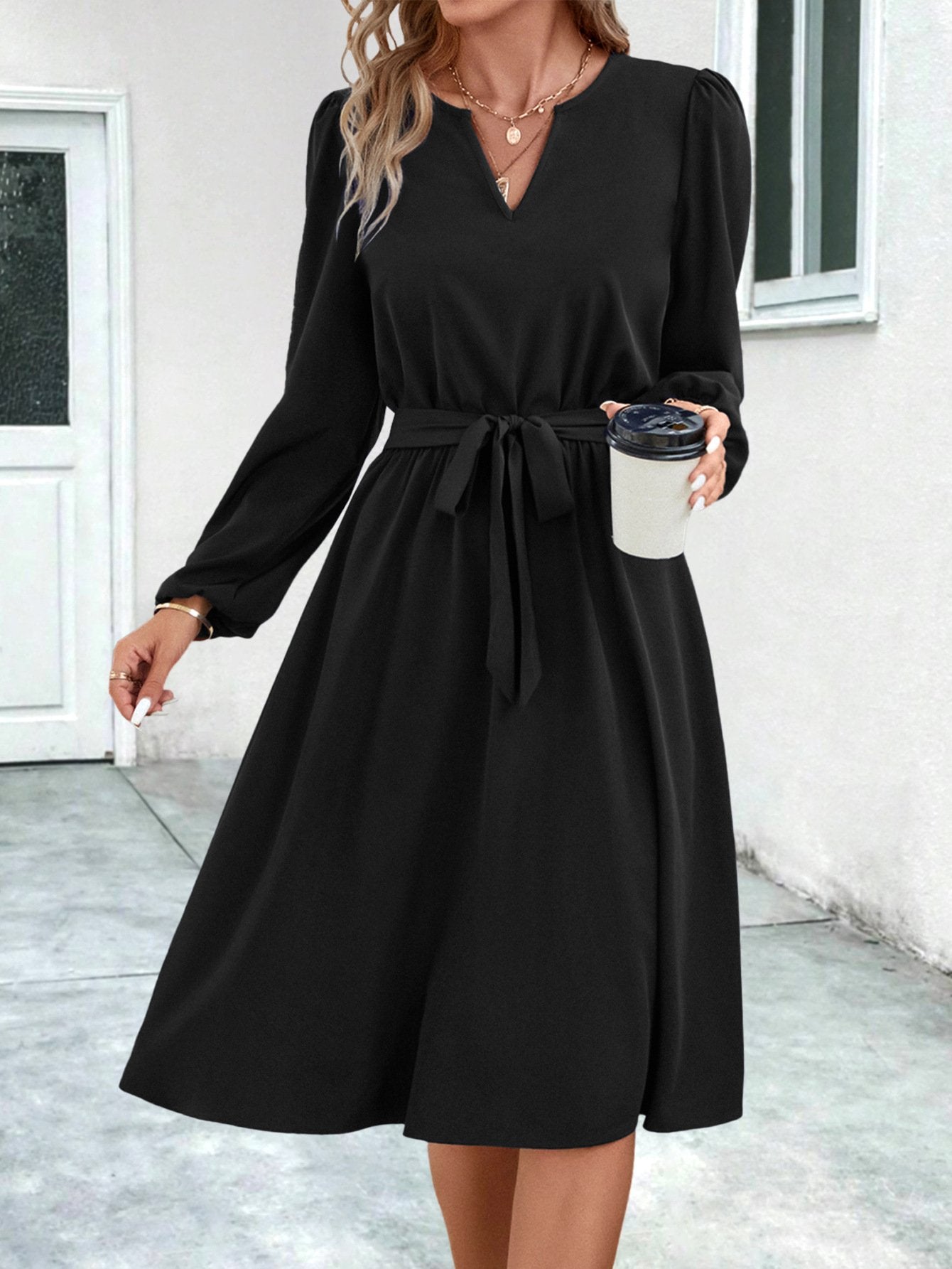 Women's 2025 Autumn And Winter New European And American Women's Long Sleeve Small V-neck Women's Skirt Dress