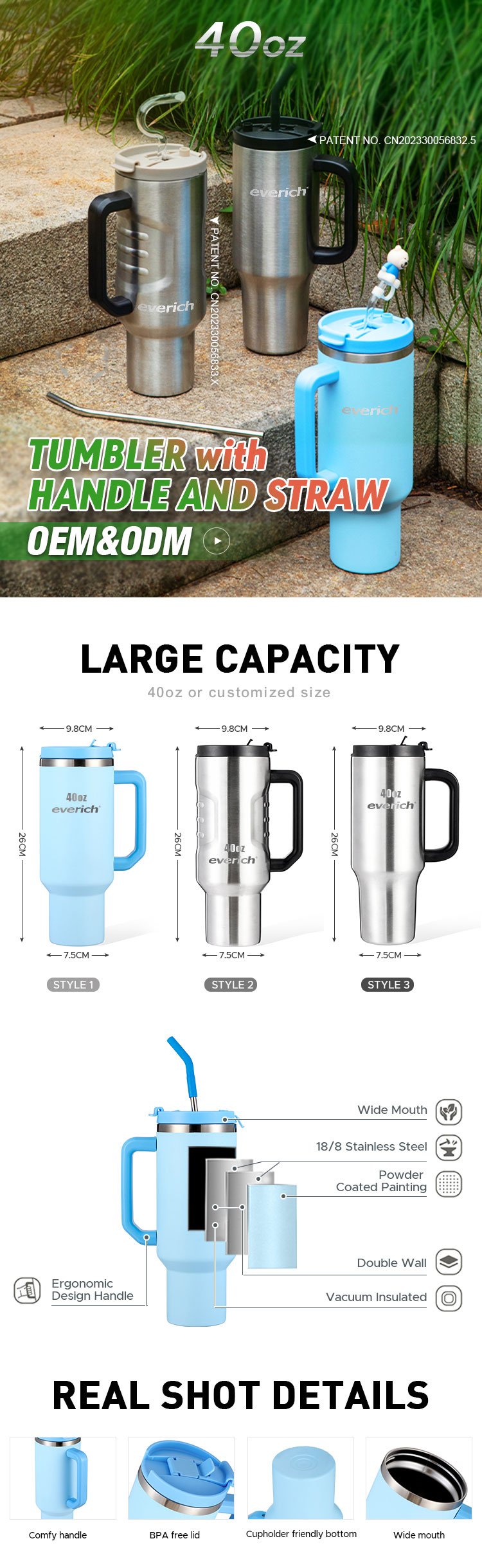 Lead-free 40 Oz Tumbler With Handle And Straw Cup Holder Friendly Dishwasher Safe Oversized Insulated Tumbler