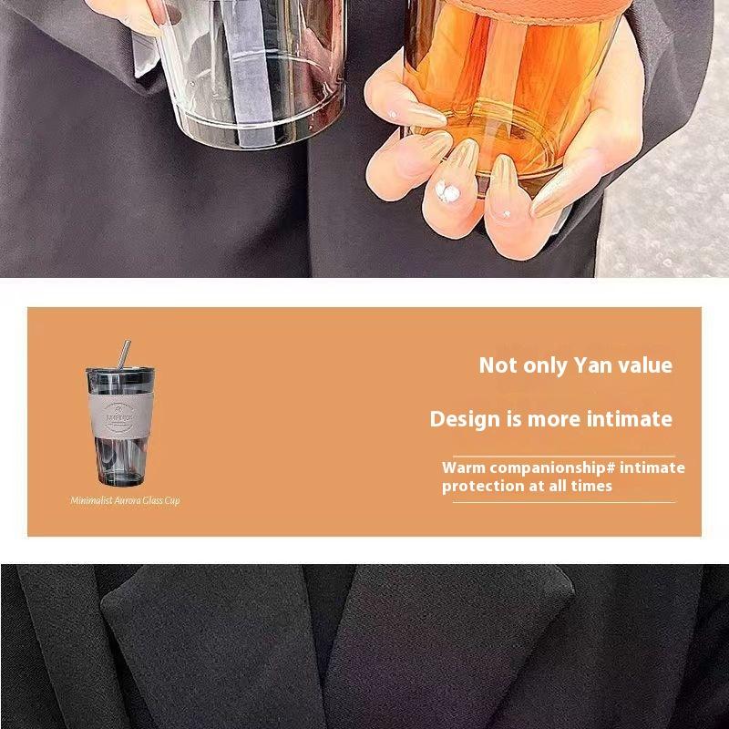 Large Capacity Heat Insulation Glass Double-layer Straw Water/coffee Cup With Plastic Lid High Appearance Summer Ins Net Red