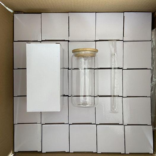 China USA Warehouse 16 Oz Clear Frosted Sublimation Blank Glass Mason Can Beer Can Bamboo Lid Glass Cup