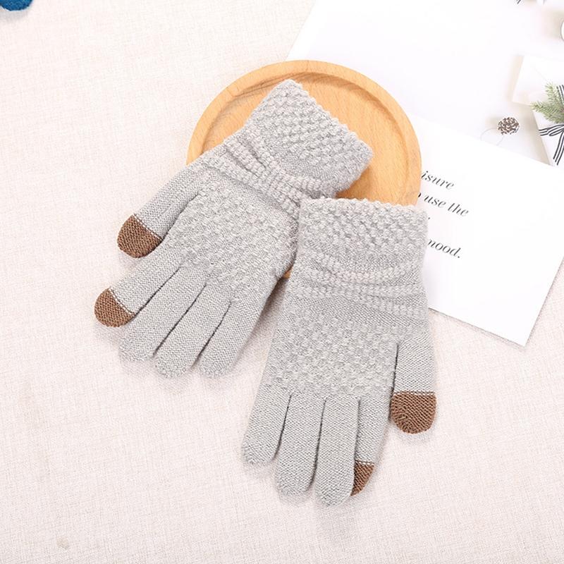Solid Color Women Touch Screen Cotton Gloves Knitted Wool Gloves Fleece-lined Fleece-lined Thickened Cat Jacquard Gloves Wholesale