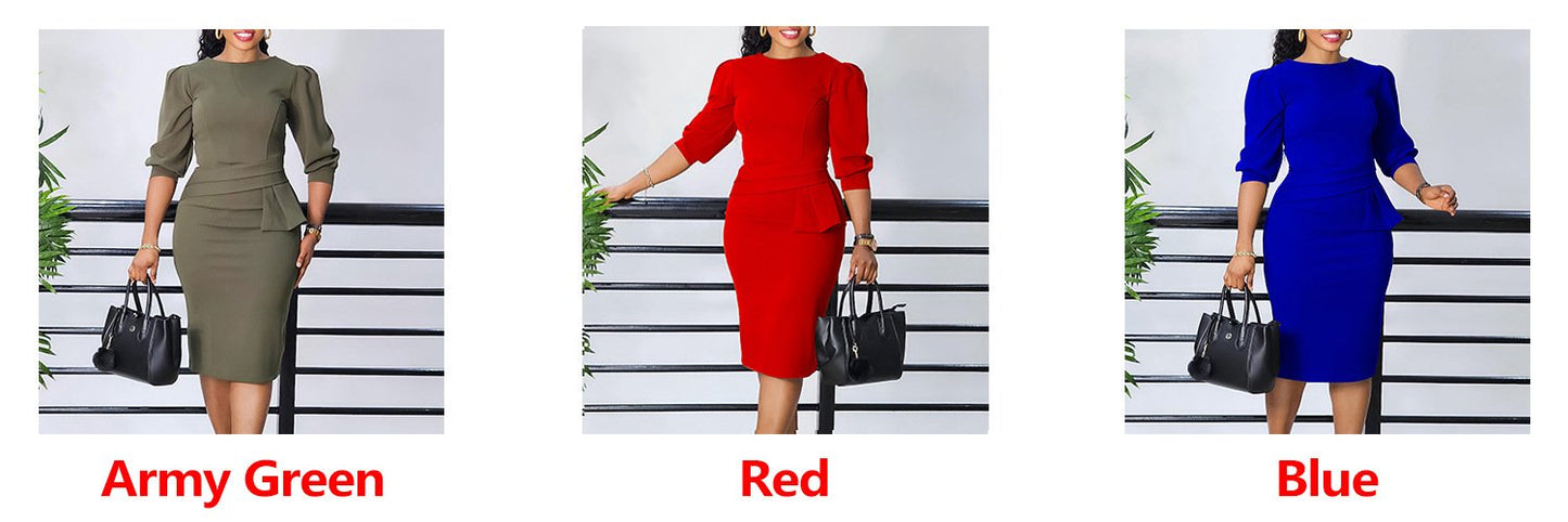 New Women's Elegant Women's O-Collar Pleated Fashion OL Tongle Pencil Skirt Office Dress
