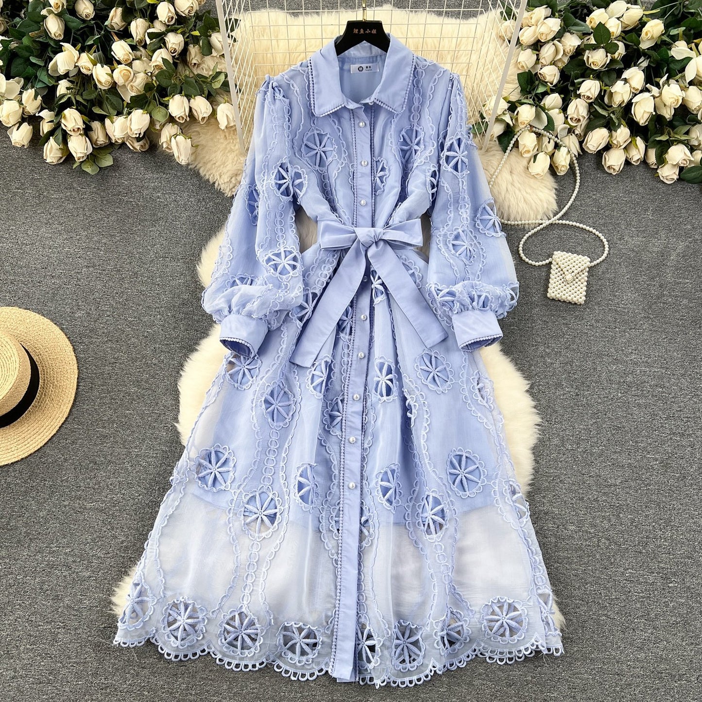 Wholesale 2024 Spring New Embroidered Hollow Flower Single-breasted Slim-fit Medium Bubble Sleeve Women's Clothing
