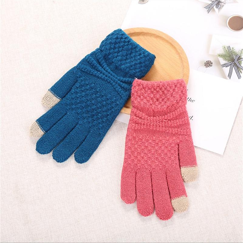 Solid Color Women Touch Screen Cotton Gloves Knitted Wool Gloves Fleece-lined Fleece-lined Thickened Cat Jacquard Gloves Wholesale