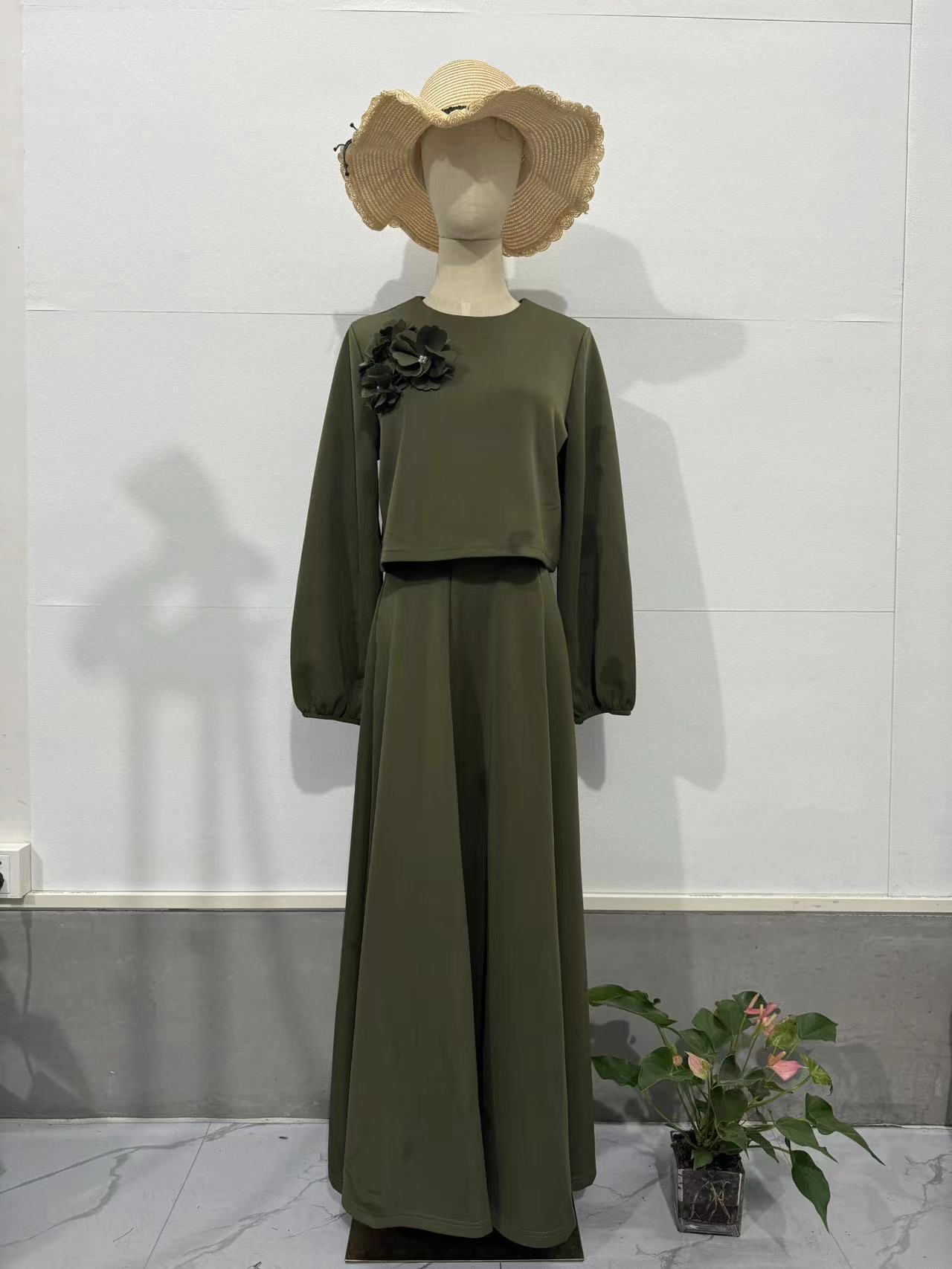 Wholesale Fashion Elegant Moderation Islamic Clothing Two-Piece Muslim Women Casual Shirt Floral Lantern Sleeve Loose Dress Suit