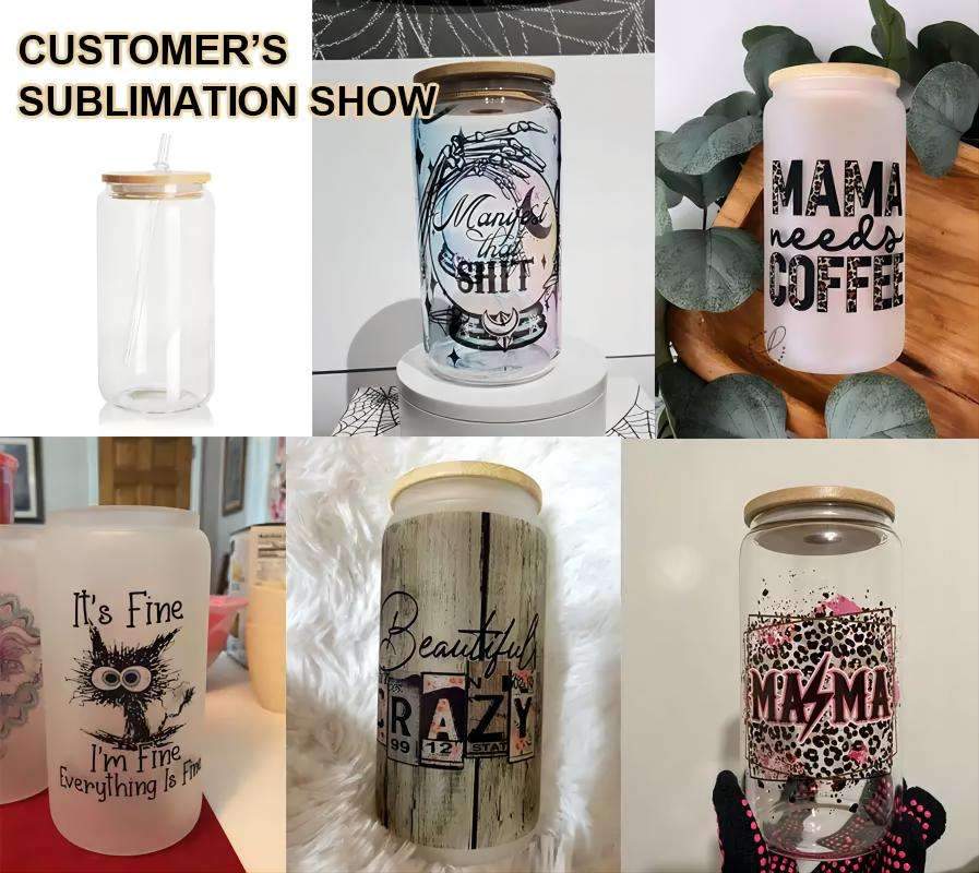 US Warehouse Stock 12 Oz 16 Oz Clear Frosted Sublimation Blank Glass Mason Can Beer Can Glass With Bamboo Lid And Straw